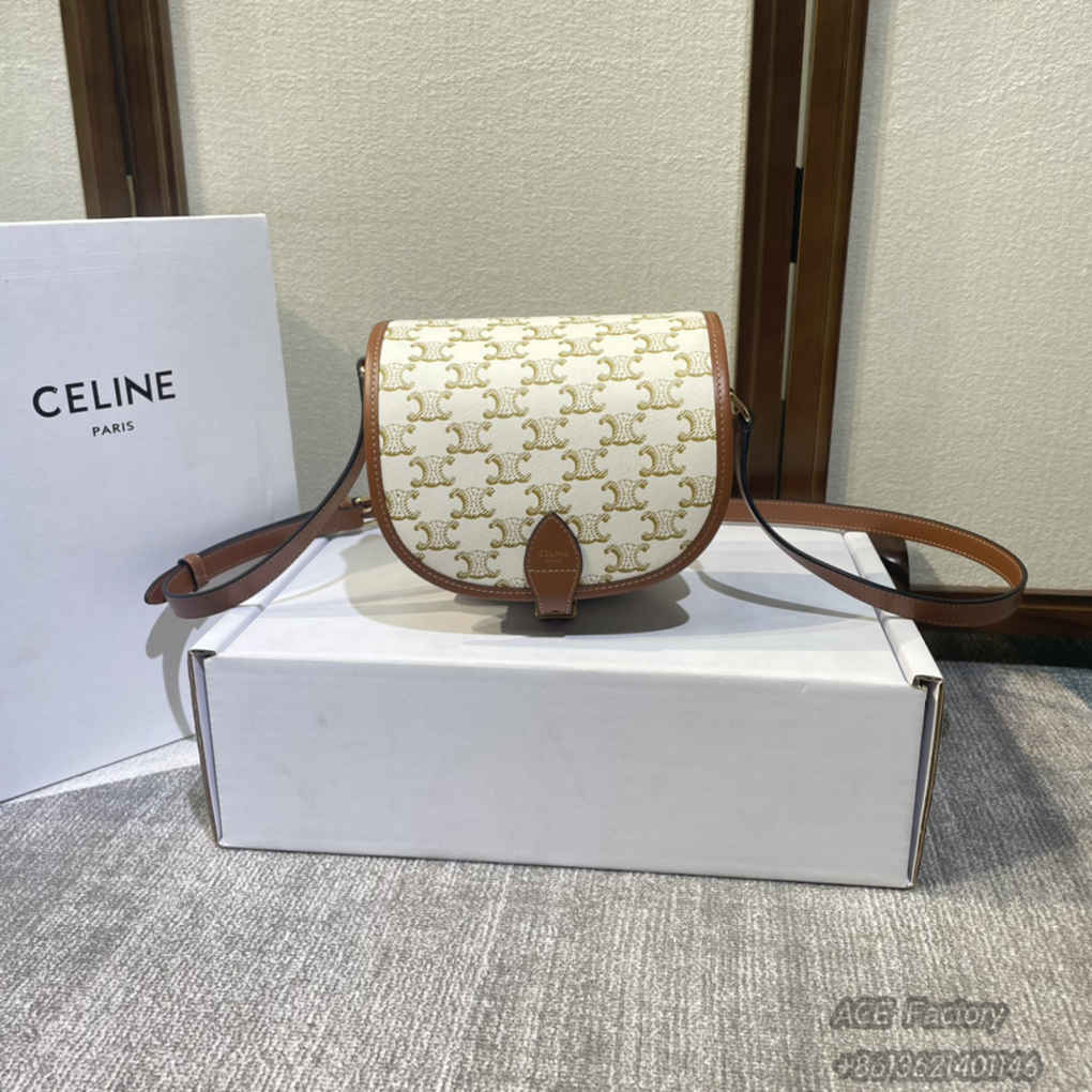 Celine Folco Triomphe Vintage Canvas Saddle   Shoulder Bag 191502 Crossbody Casual Fashion Handbag Luxury Designer Mirror Quality 18cm