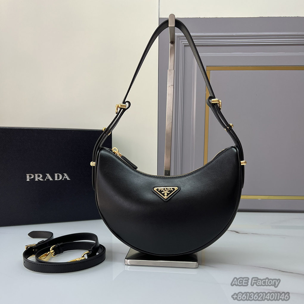 Prada Half Moon Women Shoulder Bag Underarm Double Straps 1BC194 Triangle Metal Logo Curved Handbag Fashion  Bag 9A Mirror Quality Luxury Design 22.5cm