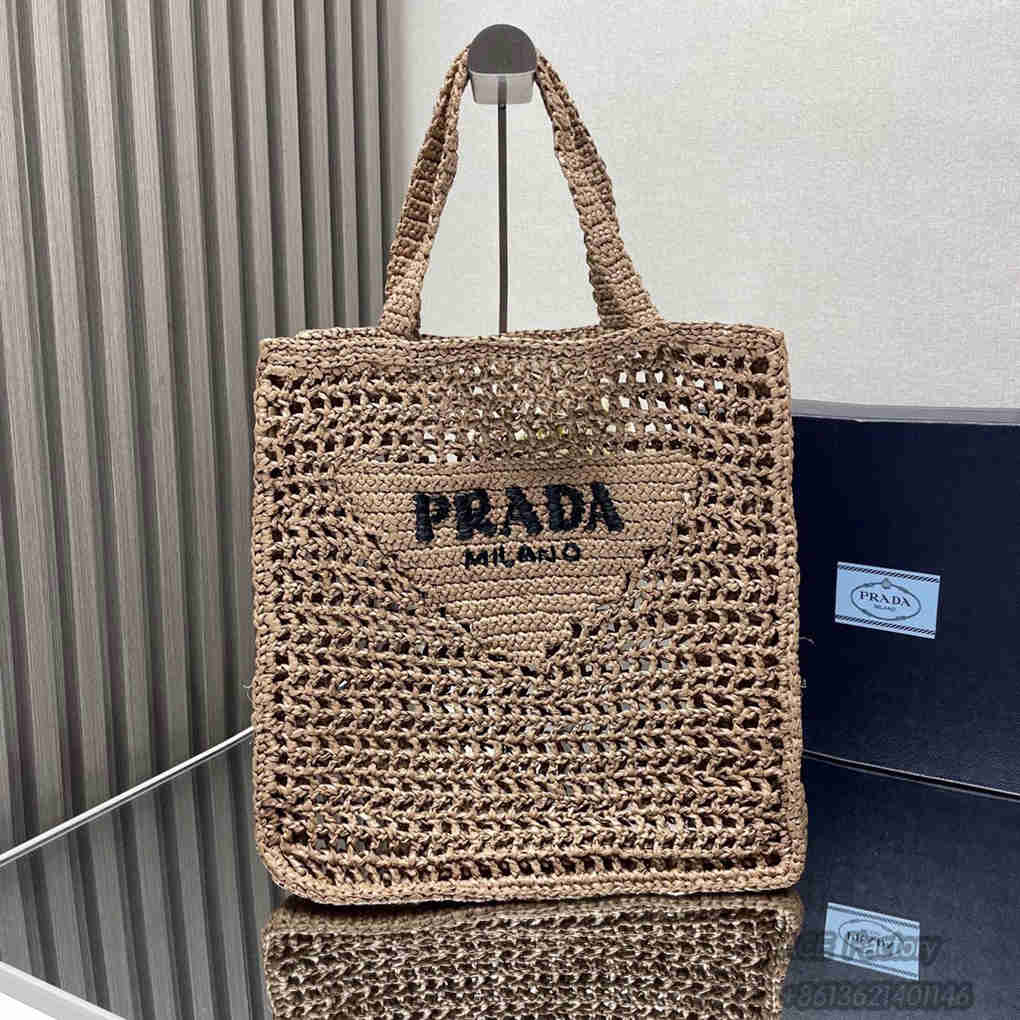 Parda Raffia Deconstructed Tote Bag Embroidery 1BG393 Crochet Triangle Metal Logo Handbag Fashion 9A Mirror Quality Luxury Design 36cm