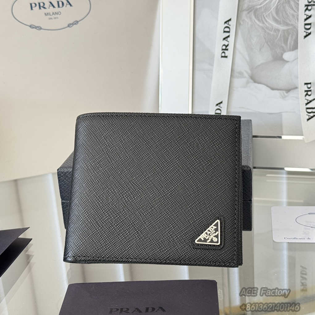 PRADA Men's Cross Grain Short Wallet  2M0513   Triangle Metal Logo Fashion 18 Card Slots Purse 9A Mirror Quality Luxury Design 11 cm