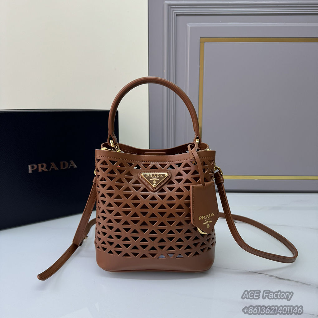 Prada Hollow Leather Bucket Saffiano Perforated Calfskin 1ba217 Triangle Metal Logo Handbag Fashion 9A Mirror Quality Luxury Design 17cm