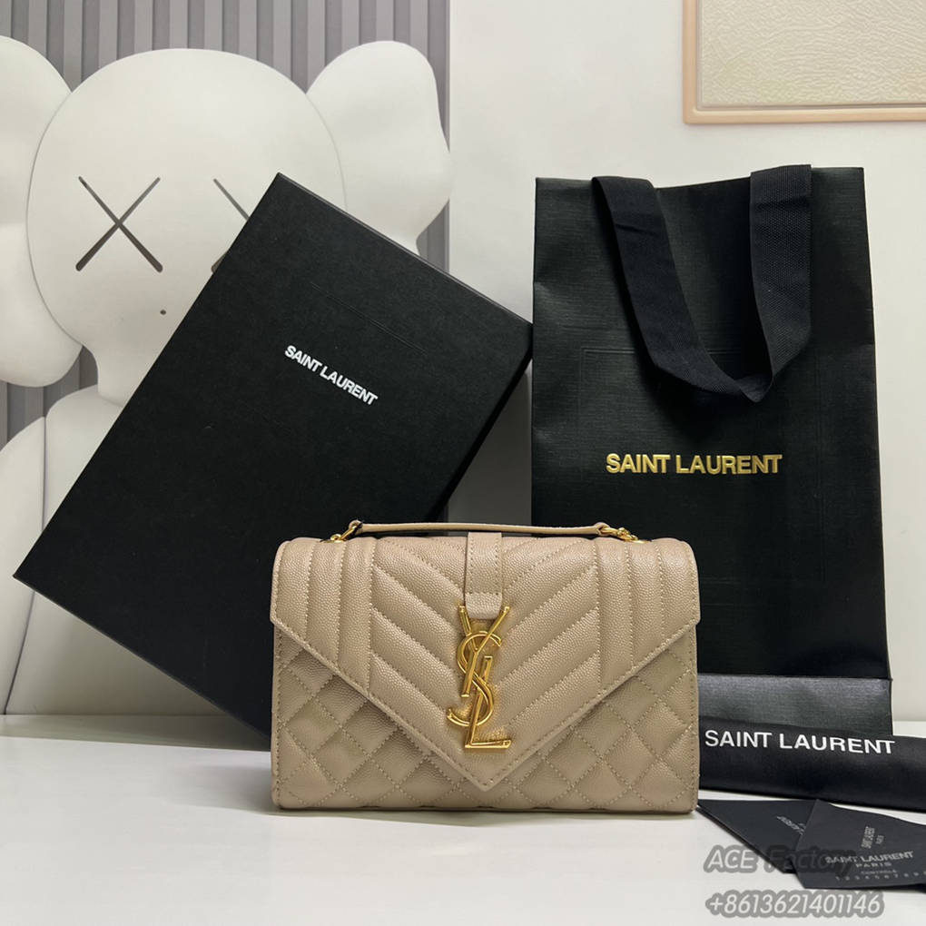 YSL Enveloppe Chain Shoulder Bag Grained Caviar Genuine Leather 600195 Handbag Crossbody   Casual Fashion 9A Luxury Designer Mirror Quality 21cm