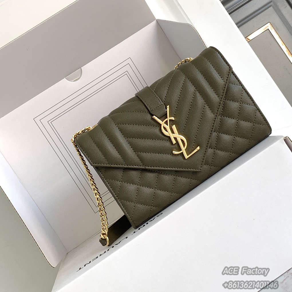 YSL Enveloppe Chain Shoulder Bag Grained Caviar Genuine Leather 600195 Handbag Crossbody   Casual Fashion 9A Luxury Designer Mirror Quality 21cm