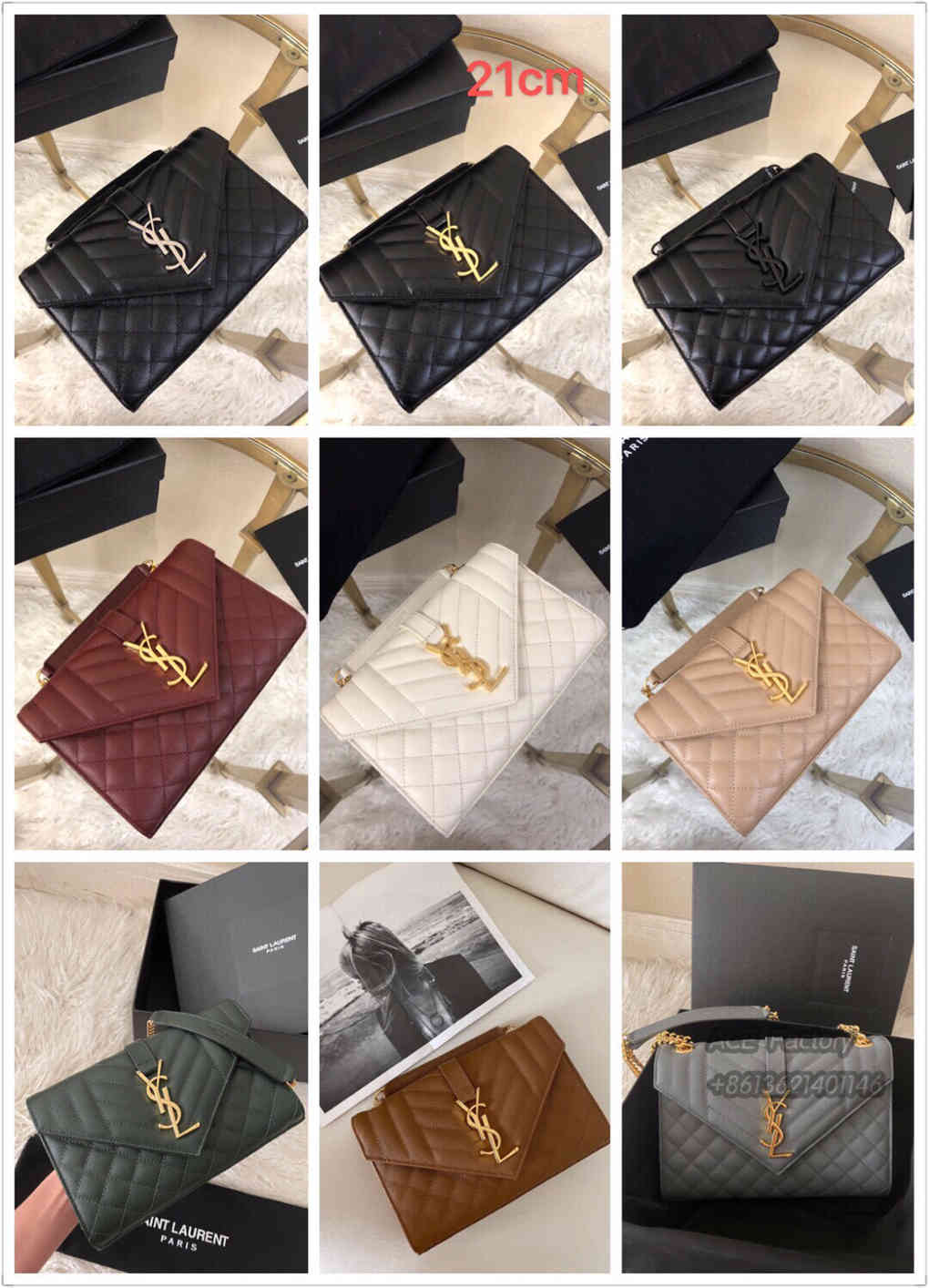 YSL Enveloppe Chain Shoulder Bag Grained Caviar Genuine Leather 600195 Handbag Crossbody   Casual Fashion 9A Luxury Designer Mirror Quality 21cm