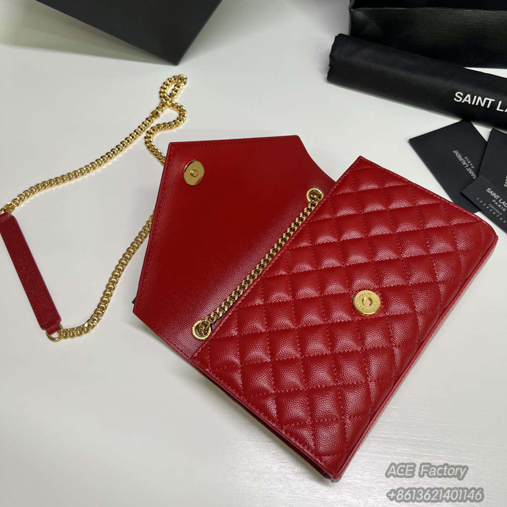 YSL Enveloppe Chain Shoulder Bag Grained Caviar Genuine Leather 600195 Handbag Crossbody   Casual Fashion 9A Luxury Designer Mirror Quality 21cm