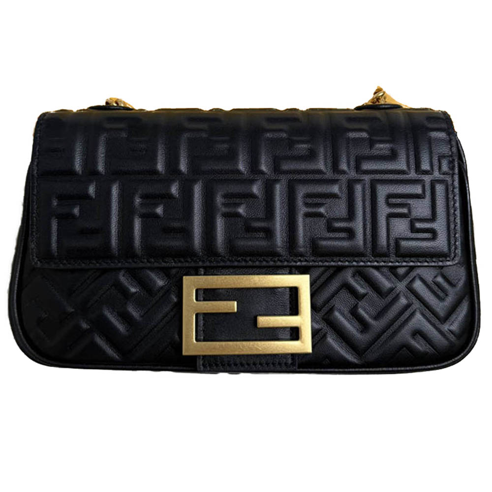 FENDI Baguette Chain Shoulder Bag 3D Textured FF Pattern Panappa Lambskin Tote Casual Fashion Handbag Luxury Designer Mirror Quality 24cm