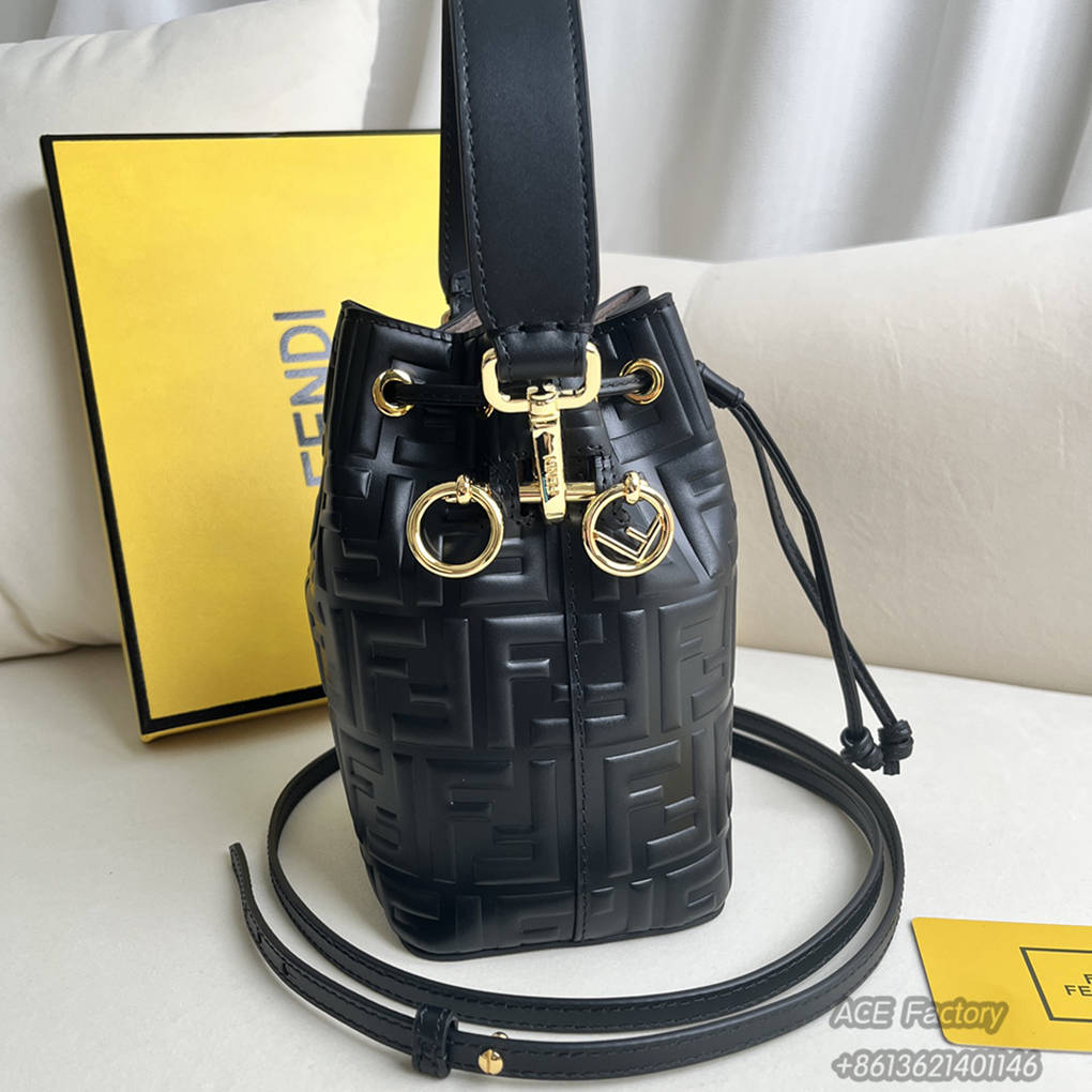 FENDI Mon Tresor Drawstring Bucket Shoulder Bag Embossed FF Logo Calfskin Casual Fashion Handbag Luxury Designer Mirror Quality 12X18X10CM