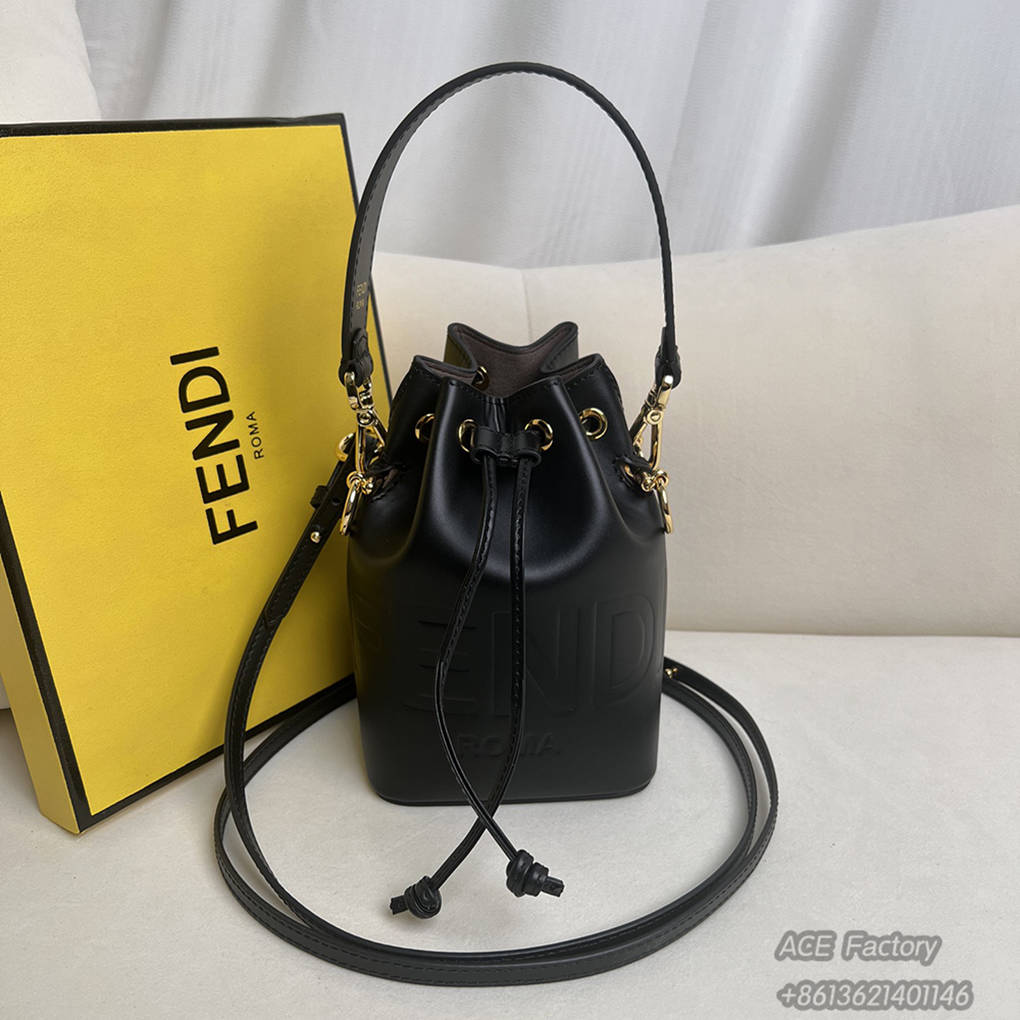 FENDI Mon Tresor Drawstring Bucket Shoulder Bag Embossed FF Logo Calfskin Casual Fashion Handbag Luxury Designer Mirror Quality 12X18X10CM