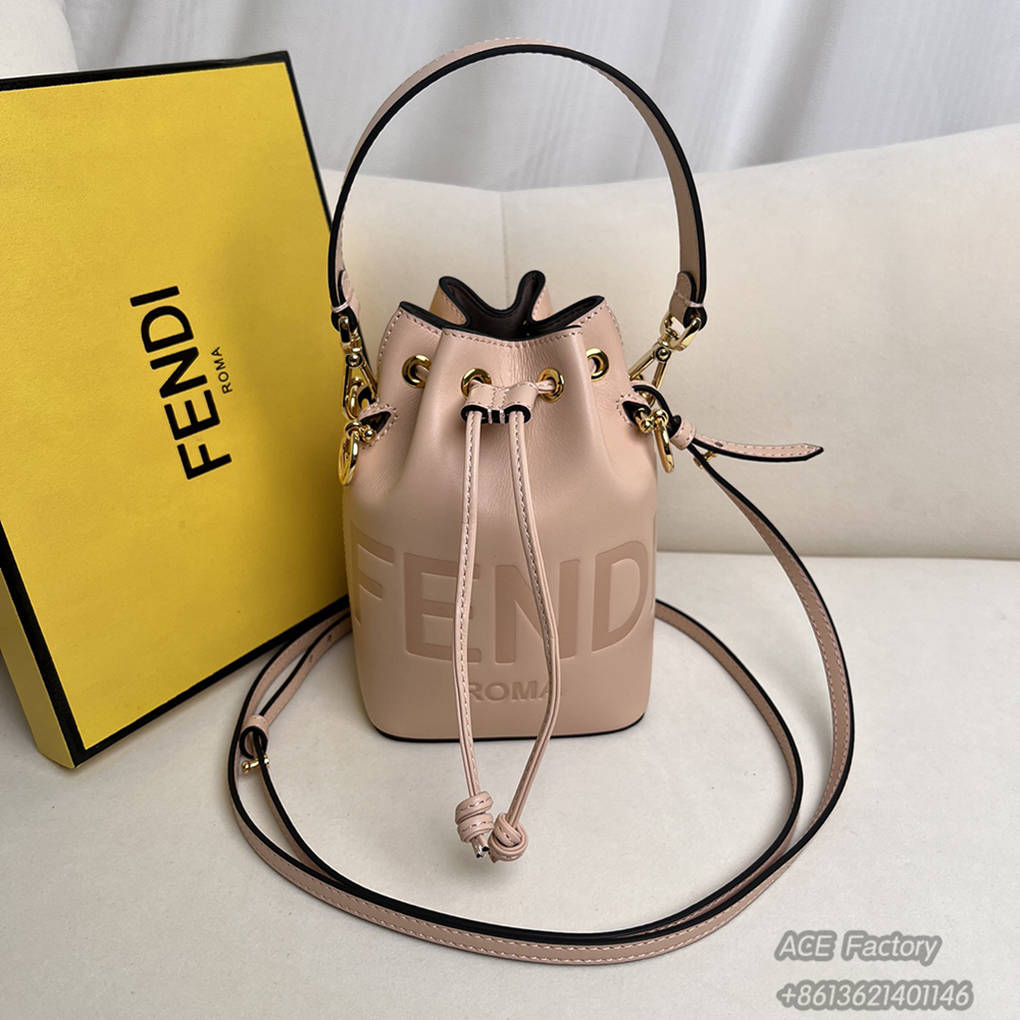 FENDI Mon Tresor Drawstring Bucket Shoulder Bag Embossed FF Logo Calfskin Casual Fashion Handbag Luxury Designer Mirror Quality 12X18X10CM