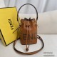 FENDI Mon Tresor Drawstring Bucket Shoulder Bag Embossed FF Logo Calfskin Casual Fashion Handbag Luxury Designer Mirror Quality 12X18X10CM